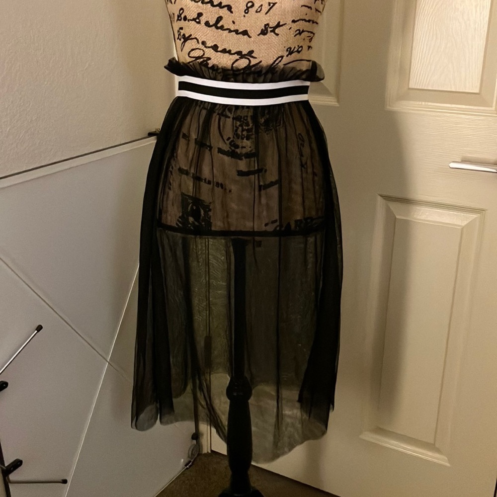 Shein one size sheer lace tulle skirt striped waistband feminine small 4 6 8